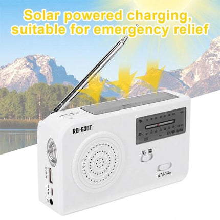 Portable Solar-Powered AM/FM Radio with Flashlight and Dynamo Charger shown in white, solar panel on top, antenna extended, ideal for emergencies