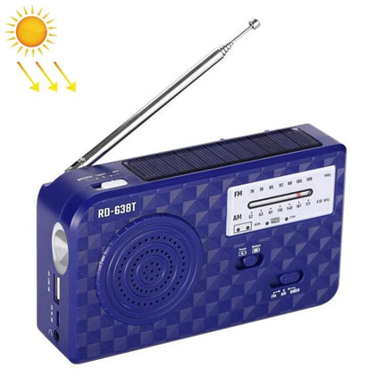 Portable Solar-Powered AM/FM Radio with Flashlight and Dynamo Charger compact blue emergency radio with solar panel, AM/FM tuner, flashlight and hand-crank