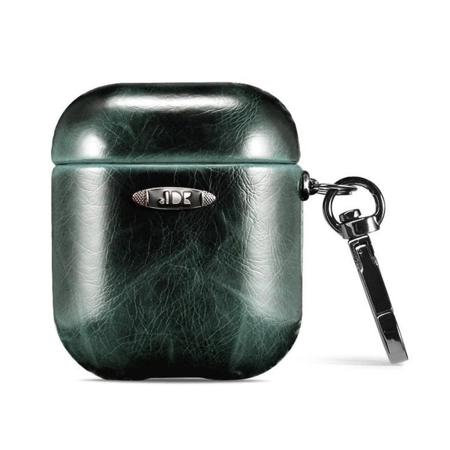 Stylish Leather Case for AirPods in Everyday Protection Activities - dark green PU leather AirPods case with keyring clip