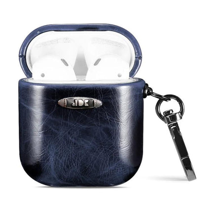 Stylish Leather Case for AirPods in Everyday Protection Activities - navy PU leather case with carabiner for secure pocket carry