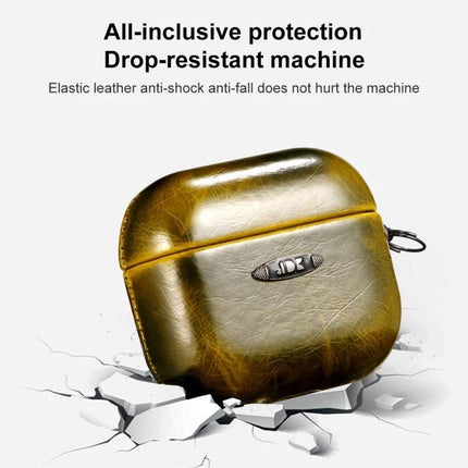 Stylish Leather Case for AirPods in Everyday Protection Activities - olive PU leather drop-resistant case slipping into pocket