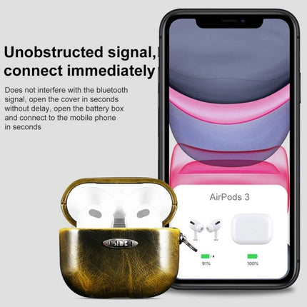 Stylish Leather Case for AirPods in Everyday Protection Activities - PU leather protective AirPods case shown with phone connection