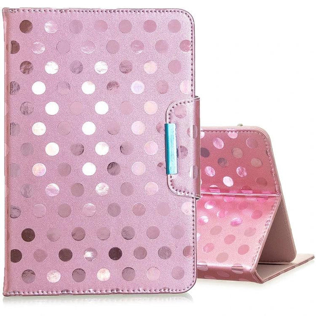 Leather Protective Case with Holder for Universal Tablets in pink metallic polka dot design, stand and magnetic clasp