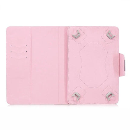Leather Protective Case with Holder for Universal Tablets in pink with corner grips and pen slot, open view showing interior