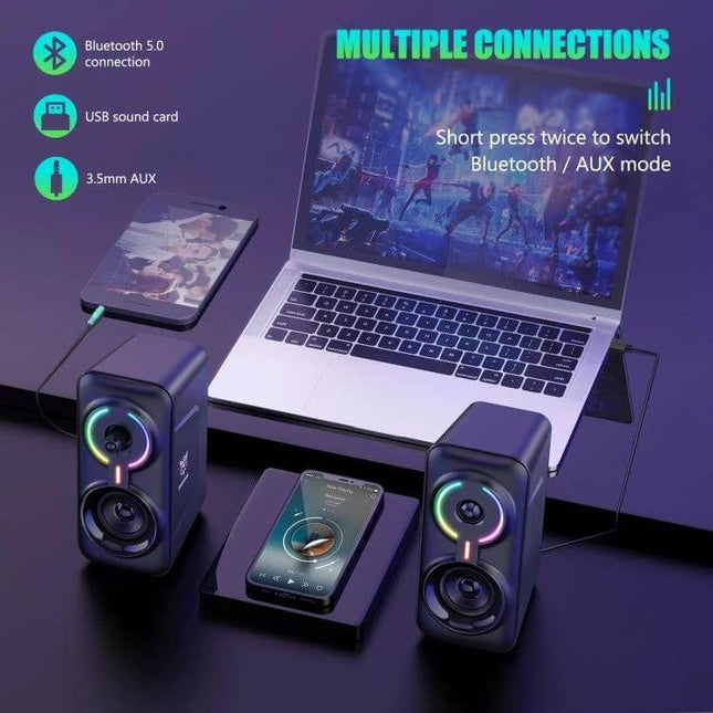 Onikuma Bluetooth Gaming Headset For PC And Console Use showing laptop phone and AUX wireless Bluetooth connections and RGB lights
