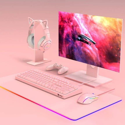 Onikuma Headset Stand For Desk Organization And Tidy Storage pink gaming desk setup with headset monitor keyboard