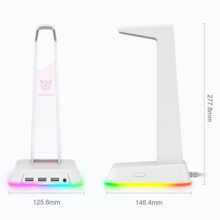 Onikuma RGB Headset Stand With USB Audio Ports For Desk white RGB base with front USB ports and 3.5mm jack