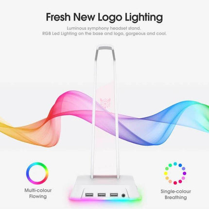 Onikuma RGB Headset Stand With USB Audio Ports For Desk showing RGB acrylic panel, padded hook, front USB and 3.5mm ports