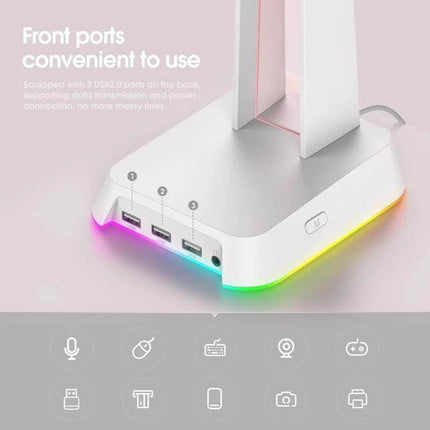 Onikuma RGB Headset Stand With USB Audio Ports For Desk with front USB ports 3.5mm jack and adjustable RGB lighting