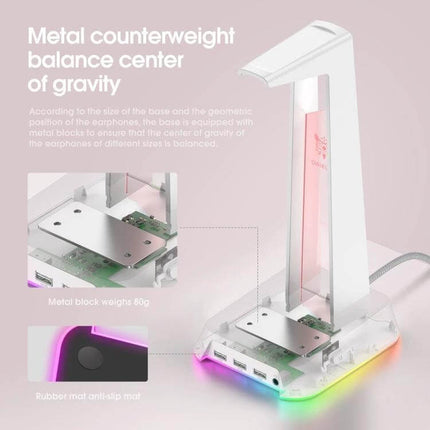 Onikuma RGB Headset Stand With USB Audio Ports For Desk showing padded hook, front USB ports, 3.5mm jack and RGB base