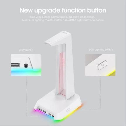 Onikuma RGB Headset Stand With USB Audio Ports For Desk with padded hook front 3.5mm jack and RGB lighting