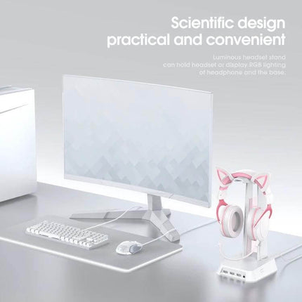 Onikuma RGB Headset Stand With USB Audio Ports For Desk with padded hook front USB ports acrylic RGB panel