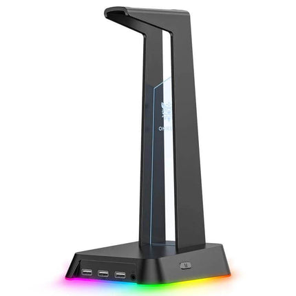 Onikuma RGB Headset Stand With USB Audio Ports For Desk with padded hook, front USB ports, 3.5mm jack and RGB base