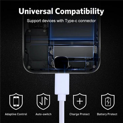 USB-C Charging Cable for Everyday Device Powering Needs - white Type-C cable connected to smartphone showing universal compatibility and charge protection icons