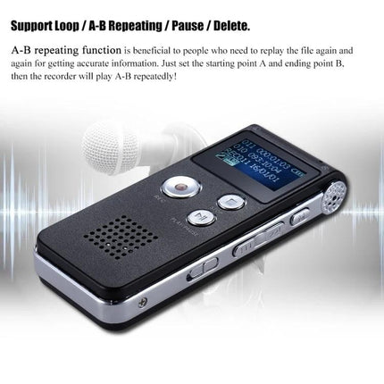 Voice Recorder for Everyday Meetings and Personal Notes showing compact black digital recorder with LCD one-key recording and 25-hour battery life