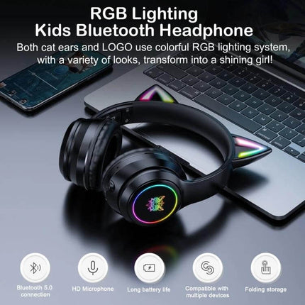 Onikuma Cat Ear Wireless Headphones For Gaming, Music And Calls black RGB gaming headset with cat ears on laptop