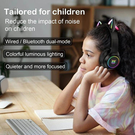 Onikuma Cat Ear Wireless Headphones For Gaming, Music And Calls shown on child using Bluetooth cat ear headset