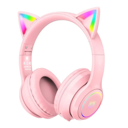 Onikuma Cat Ear Wireless Headphones For Gaming, Music And Calls in pink with LED cat ears and cushioned headband