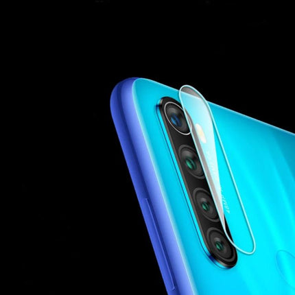 OnePlus 7 Camera Lens Protector, Transparent Tempered Glass Shield For Everyday Use on blue phone showing precise rear camera fit