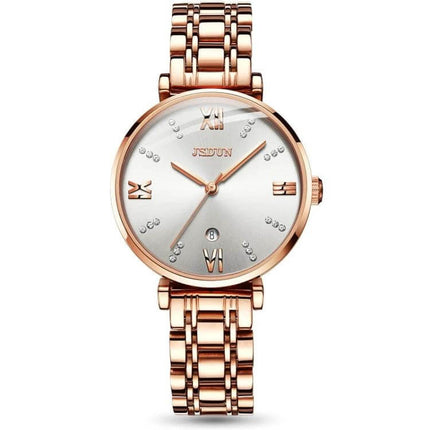 JIN SHI DUN Elegant Waterproof Women's Quartz Watch rose gold tungsten steel strap with Roman numerals and crystal markers, 30m water resistant