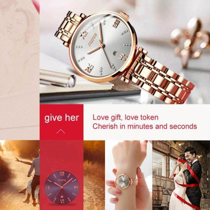 JIN SHI DUN Elegant Waterproof Women's Quartz Watch rose gold tungsten steel strap and Roman numerals, everyday waterproof 30m fashion timepiece