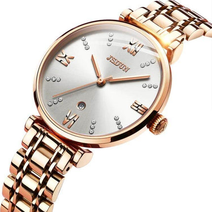 JIN SHI DUN Elegant Waterproof Women's Quartz Watch - rose gold tungsten steel strap with Roman numerals and crystal markers, water resistant 30m