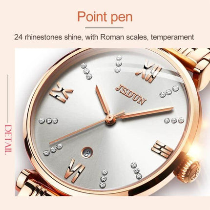 JIN SHI DUN Elegant Waterproof Women's Quartz Watch tungsten steel strap with Roman numerals and 24 rhinestones, rose gold dial, 30m water resistant