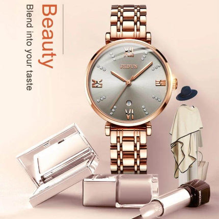 JIN SHI DUN Elegant Waterproof Women's Quartz Watch rose gold tungsten steel strap and Roman numerals, 30m water resistant everyday women's timepiece