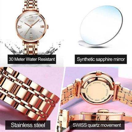 JIN SHI DUN Elegant Waterproof Women's Quartz Watch rose gold tungsten steel strap 30m water resistant synthetic sapphire mirror