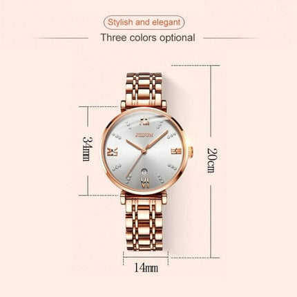 JIN SHI DUN Elegant Waterproof Women's Quartz Watch rose gold tungsten steel strap with Roman numerals, 34mm dial, 20cm band for everyday wear