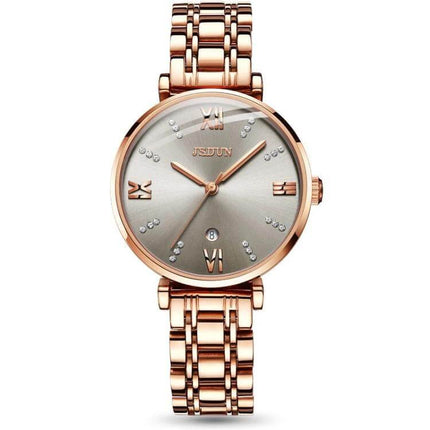 JIN SHI DUN Elegant Waterproof Women's Quartz Watch rose gold tungsten steel strap with Roman numerals and crystal markers, 30m water resistant