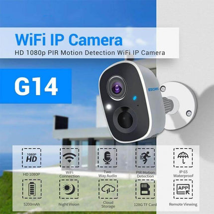 ESCAM G14 Rechargeable WiFi Security Camera for Home Monitoring mounted outdoor showing PIR motion detection, night vision and app remote viewing