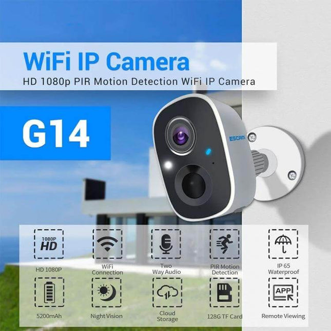 ESCAM G14 Rechargeable WiFi Security Camera for Home Monitoring mounted outdoor showing PIR motion detection, night vision and app remote viewing