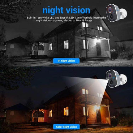 ESCAM G14 Rechargeable WiFi Security Camera for Home Monitoring showing IR night vision and color night vision views of a house