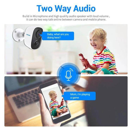ESCAM G14 Rechargeable WiFi Security Camera for Home Monitoring showing two-way audio with parent viewing child on mobile app