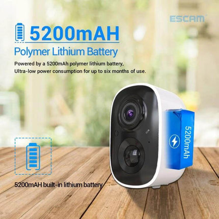 ESCAM G14 Rechargeable WiFi Security Camera for Home Monitoring showing 5200mAh polymer lithium battery and wireless setup