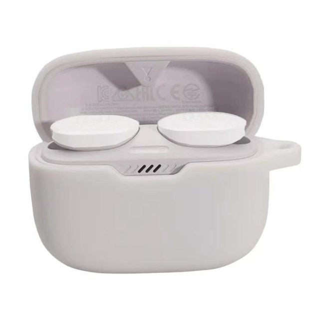 JBL T130 Earphone Protective Case for Daily Carrying in white open view showing 360-degree protection and secure storage