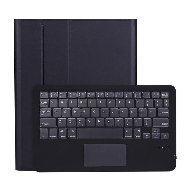 Ultra-Thin Lambskin Leather Bluetooth Keyboard Case with Pen Holder in black showing detachable keyboard and folio cover