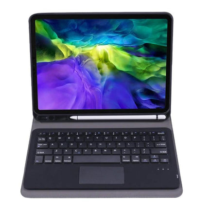 Ultra-Thin Lambskin Leather Bluetooth Keyboard Case with Pen Holder showing tablet, detachable keyboard and pen slot in gray