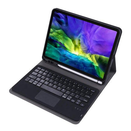 Ultra-Thin Lambskin Leather Bluetooth Keyboard Case with Pen Holder shown with tablet docked, detachable keyboard and pen in holder, slim protective folio