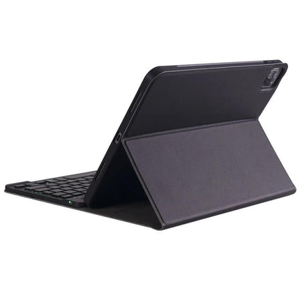 Lambskin Texture Ultra-Thin Bluetooth Keyboard Leather Case with Pen Holder and Backlight in black shown propped with tablet and backlit keyboard