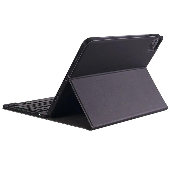 Lambskin Texture Ultra-Thin Bluetooth Keyboard Leather Case with Pen Holder and Backlight in black shown propped with tablet and backlit keyboard
