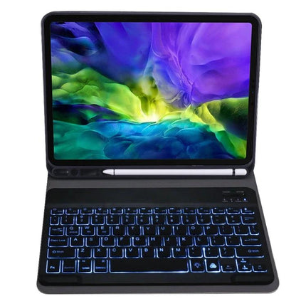 Lambskin Texture Ultra-Thin Bluetooth Keyboard Leather Case with Pen Holder and Backlight showing tablet with backlit keys and pen slot