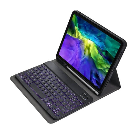 Lambskin Texture Ultra-Thin Bluetooth Keyboard Leather Case with Pen Holder and Backlight shown with tablet, backlit keys and pen holder