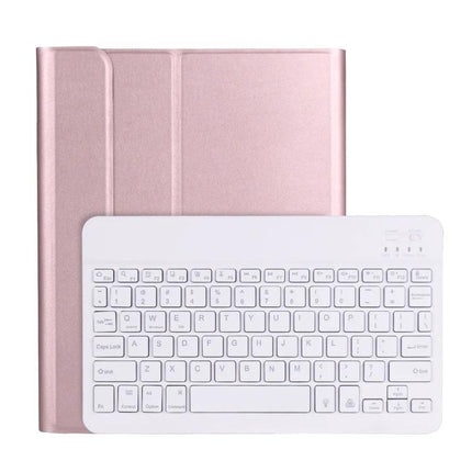 Lambskin Texture Ultra-Thin Bluetooth Keyboard Leather Case with Pen Holder and Backlight in rose gold with white wireless keyboard