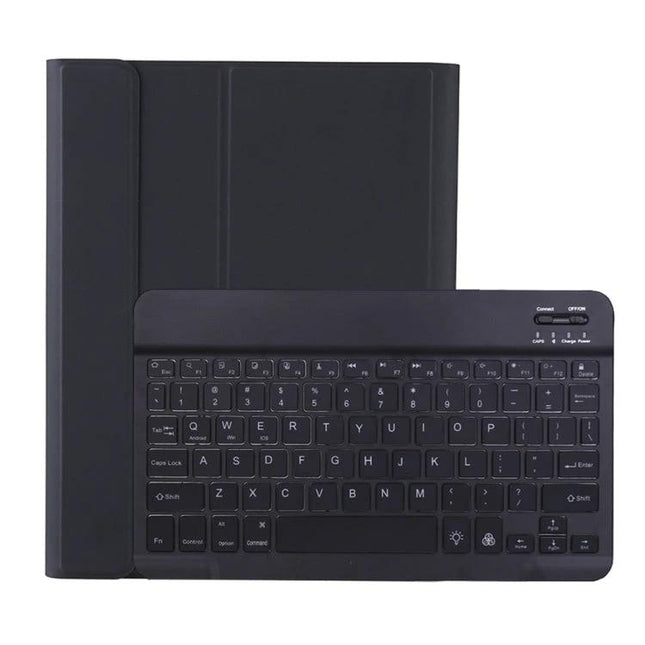 Protective Leather Case with Built-in Keyboard and Pen Holder shown in black with detachable Bluetooth keyboard for tablet users