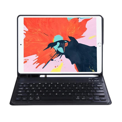 Protective Leather Case with Built-in Keyboard and Pen Holder shown with tablet, detachable Bluetooth keyboard and pen secured