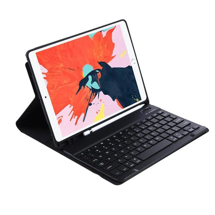 Protective Leather Case with Built-in Keyboard and Pen Holder showing tablet propped with detachable Bluetooth keyboard and pen slot