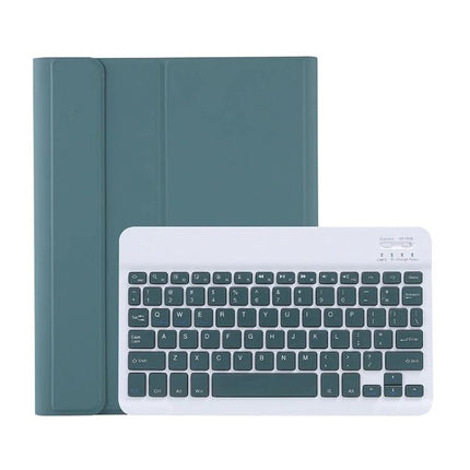 Protective Leather Case with Built-in Keyboard and Pen Holder shown in teal with detachable Bluetooth keyboard for tablet users