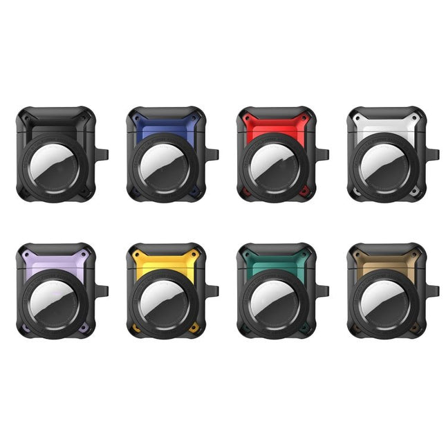 A Protective Case for Daily AirPods Use with AirTagSlot – rugged color variants showing AirTag slot and charging access